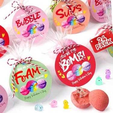 Imagem de Presentes de Dia dos Namorados para crianças – Pacote com 24 bombas de banho com brinquedos de animais dentro e cartões dos namorados – Bola de banho de espuma efervescente orgânica para meninos e