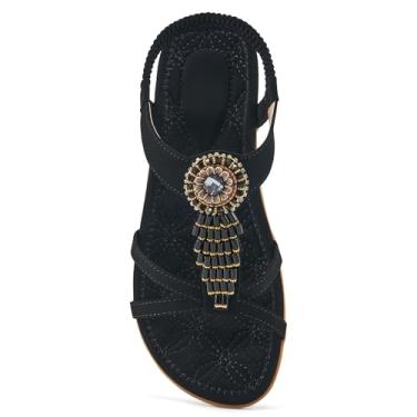 Imagem de Alicegana Sandálias planas femininas elegantes para o verão, confortáveis, boêmias, caminhadas, praia, sapatos de viagem, Preto, 37
