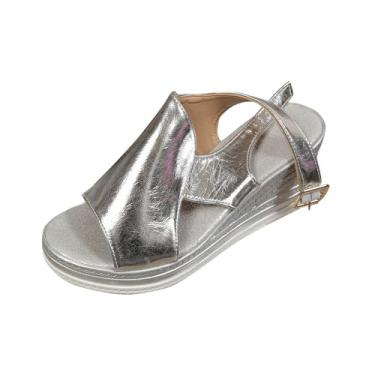 Imagem de Sandálias femininas chiques para o dia a dia, confortável, largura ampla, simples, bico redondo, bico exposto, fivela e salto cunha para uso ao ar livre, Prata, 36