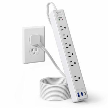 Imagem de Filtro de linha com plugue plano, cabo de extensão ultrafino de 1,8 m com 3 USB, estação de carregamento SUPERDANNY 6 tomadas, extensor de tomada montável na parede para escritório em casa, dormitório