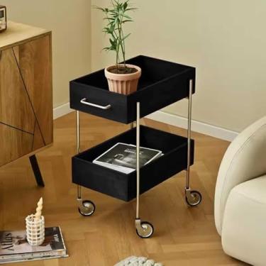 Imagem de Mesa lateral retrô com suporte de armazenamento de camada dupla | Elegante e funcional | Acabamento de madeira natural | Perfeito para sala de estar, sala de jantar, cozinha | Fácil mobilidade