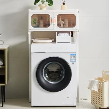 Imagem de Armário de armazenamento sobre o vaso sanitário, rack de banheiro independente com portas duplas, ideal para organização de banheiro e lavanderia, design que economiza espaço para armazenamento