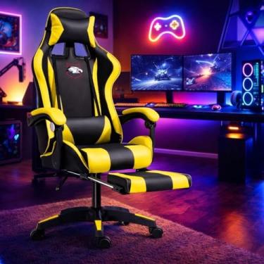 Imagem de Cadeira Gamer Ergonômica com Apoio para Pés, Reclinável, Design Esportivo com Suporte Lombar e Cervical (Preta e Amarela)
