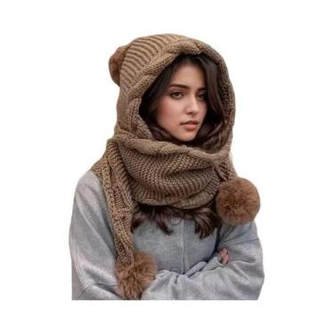 Imagem de Conjunto De Gorro Térmico De Lã Feminino Com Cachecol Integrado E Bala