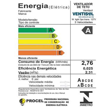 Imagem de Ventilador de Teto 3 Pás Ventisol Wind Light Pêra Branco 127V