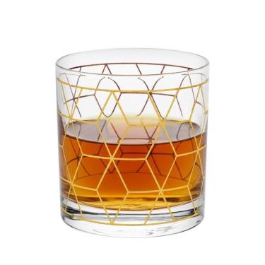 Imagem de Copo De Whisky Vidro Baixo Para Drink Whiskey Uisque Detalhe Dourado Cube 320ml Wolff