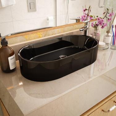 Imagem de Cuba Pia De Apoio Para Banheiro Diamante Em Mármore Sintético Acabamento Preto Brilhante