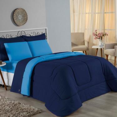 Imagem de Kit Edredom Dupla Face + Jogo De Lençol Casal Viúva Nobre 7 Peças Malha 100% Algodão - Azul-marinho / Turquesa