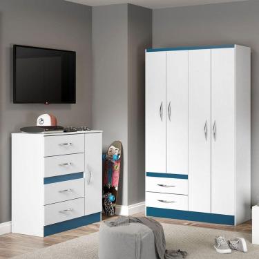 Imagem de Kit Completo Para Quarto Infantil Guarda-roupa E Cômoda Menu Móveis Branco/azul