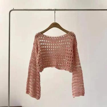 Imagem de Blusa Feminina Boho De Crochê Com Manga Longa, Top Curto De Verão Para