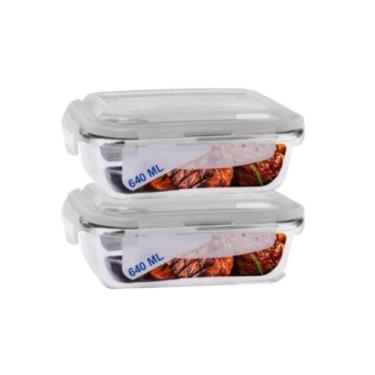 Imagem de Kit 2 Potes de Vidro 640ml Hermético Vedação Silicone Marmita Fitness 