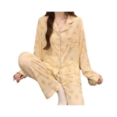 Imagem de Conjunto De Pijama Feminino Rosa Com Laço, Top De Manga Comprida, Calç