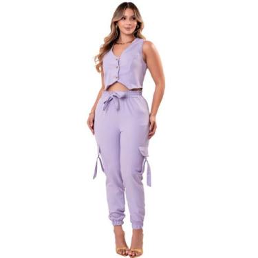 Imagem de Conjunto Alfaiataria Feminino Moderno Blusa Fecho de Botão e Calça Bol