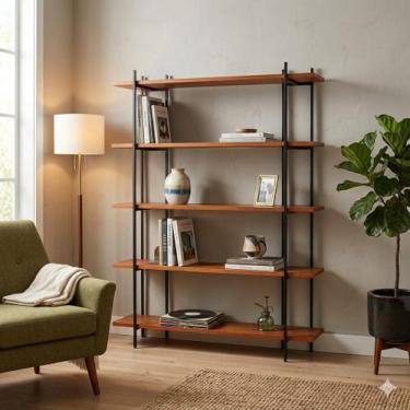Imagem de estantes de livros para sala em madeira maciça com 5 prateleiras pé de
