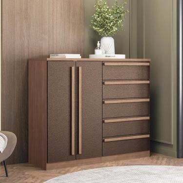 Imagem de Cômoda Chicago 5 Gavetas e 2 Portas em MDF com Puxadores em MDF Bege com Marrom Texturizado
