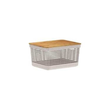 Imagem de Cesto organizador Ou 8L com tampa de bambu Linha Grid, Bege