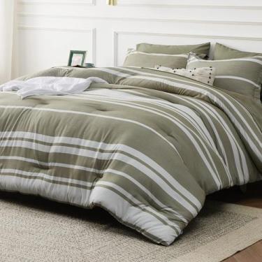 Imagem de Conjunto de edredom Bedsure Twin Olive Green Listrado, 5 peças