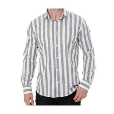 Imagem de Camisa social masculina manga longa slim fit flame listrada branca pre