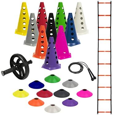 Imagem de 10 Cones Furados Agilidade + 10 Pratos + Roda Abdominal Funcional + 1 Corda Pular + 1 Escada Agilidade Ajustável