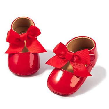 Imagem de HsdsBebe tênis infantil para meninas Mary Jane com laço antiderrapante sola macia princesa primeiro andador sapatos de casamento, A/Vermelho, 6-12 Months Infant