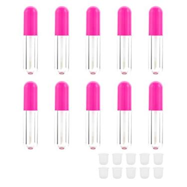 Imagem de Tubos de brilho labial com 10 peças com varinha, mini recipientes de brilho labial 4,5 ml vazios, tubos de varinha de brilho labial com tampas de borracha para mulheres Cosméticos DIY (rosa choque)