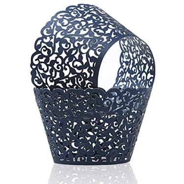 Imagem de KPOSIYA Pacote com 120 embalagens de cupcake para bolos artísticos, copos de papel, vinha, desenhado a laser, cupcakes, formas para assar, xícaras, bandejas para casamentos, chás de bebê, festas, aniversários, Azul marinho, 120