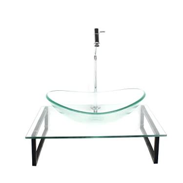 Imagem de KIT CUBA DE VIDRO OVAL 10MM COM TAMPO 50CM INCOLOR E SUPORTE PRETO