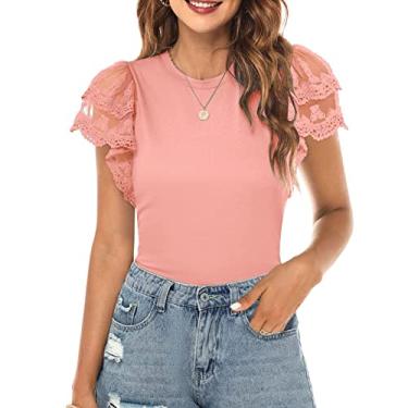 Imagem de Camisas femininas de renda gola careca manga curta camiseta verão cor sólida slim fit casual feminino(XL-Rosa)