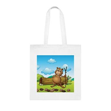 Imagem de Castor com uma sacola de tronco, presente divertido, bolsa de ombro, bolsas reutilizáveis, cesta de Natal de aniversário, ideia de presente, Branco