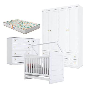 Imagem de Quarto de Bebê Mississipi 4 Portas com Berço Montessoriano Americano Branco e Colchão Gazin - Henn