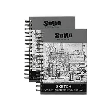 Imagem de Soho Urban Artist Pacote com 2 blocos de desenho de 14 x 21,5 cm, 100 folhas de papel de caderno de esboço espiral (34 kg/110 gsm) para artistas profissionais e amadores, lápis de cor, carvão e grafite para esboço