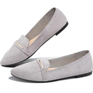 Imagem de Obtaom Mocassim feminino de bico fino, confortável, de camurça sintética, sapatilha de balé, sem cadarço, Cinza, 38
