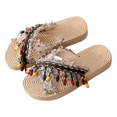 Imagem de Chinelo moderno para o verão para crianças e meninas com fundo plano e fundo grosso estilo étnico bordado sandália infantil 5 (café, 9 a 9,5 anos)