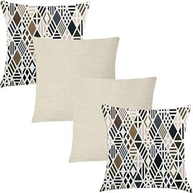 Imagem de Kit 4 Capas de Almofadas Composê Geométrico Bege e Linho 45x45cm