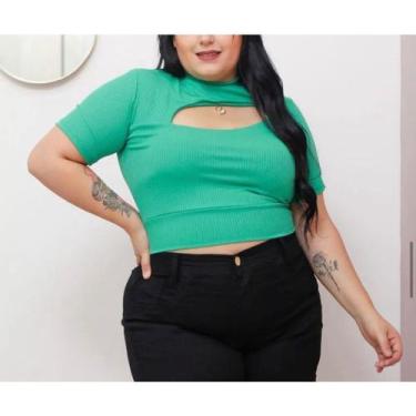 Imagem de Blusa Cropped Feminina Plus Size Recorete No Decote Tecido Canelado -