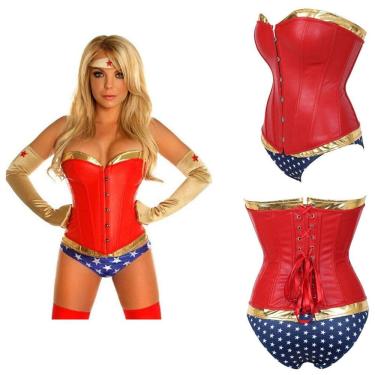 Imagem de Corpete Corset Corselet Cinta Redutora Mulher Maravilha Couro Vermelho M439