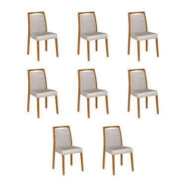 Imagem de Kit 8 Cadeiras De Jantar Estofadas Jade Linho Bege Base Madeira Maciça