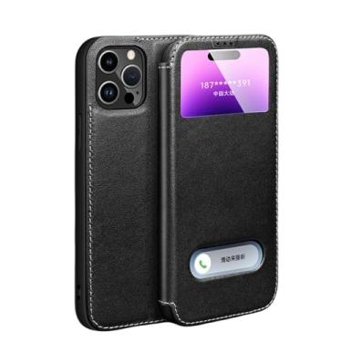 Imagem de Para iPhone 11 Pro Max Case Couro Genuíno Clear View Janela Magnética Flip Cover, Preto, Para iPhone 11 Pro Max