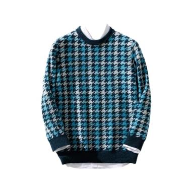 Imagem de Camisa masculina de caxemira espessa cor contrastante xadrez pulôver de malha de lã sólida gola redonda versão coreana, Hh-0019, Medium