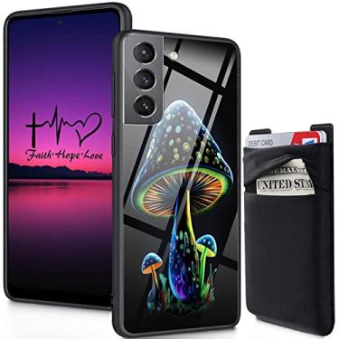 Imagem de FGDRFGRW Carteira adesiva para cartão de telefone, parte traseira de vidro temperado com capa protetora de choque de silicone macio para Samsung Galaxy S23 5G 6,1 polegadas (2023), cogumelo