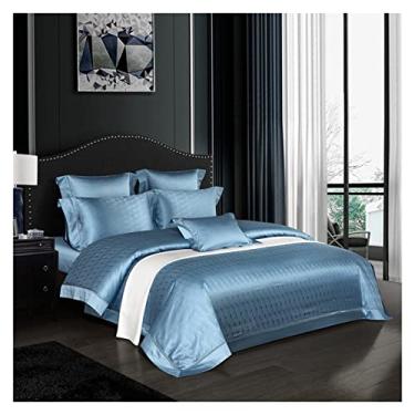 Imagem de Conjunto de capa de edredão de algodão jacquard queen king size conjunto de cama de algodão puro lençol macio (azul queen size 6 peças)