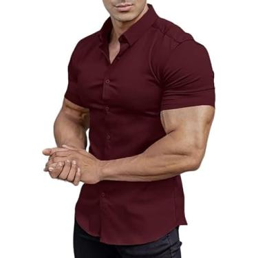 Imagem de EOUOSS Camisa social masculina com ajuste musculoso, elástica, justa, manga curta, casual, abotoada, Jam Red, G