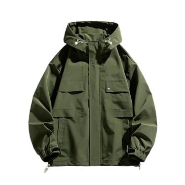 Imagem de Jaqueta masculina leve corta-vento Rip Stop capa de chuva casaco com capuz ajustável com cordão, Verde militar, G