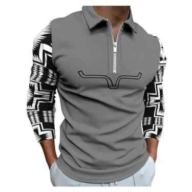Imagem de Camisa polo masculina, estampa cruzada, estampa 3D, pulôver, cor combinando meio zíper frontal clássico, Cinza, 3G