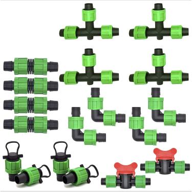 Imagem de Tubo de irrigação de gotejamento de 1,27 cm – (4 cotovelos, 4 camisetas, 4 plugues de extremidade, 2 válvulas de desligamento) Ajuste universal de bloqueio do conector de perma – Serve para todas as marcas, fita de gotejamento e tubos de 16 a 17 mm (18, pacote misto)