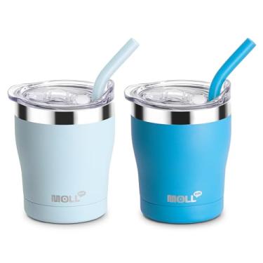 Imagem de Mollcity Copos infantis, copos infantis de 265 ml com tampas e canudos, copos de bico isolados de aço inoxidável, à prova de derramamento, livre de BPA