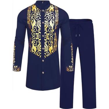 Imagem de ZSJR Conjunto masculino africano de 2 peças Dashiki traje tradicional metálico dourado estampado camisa e calça, Azul marinho, GG