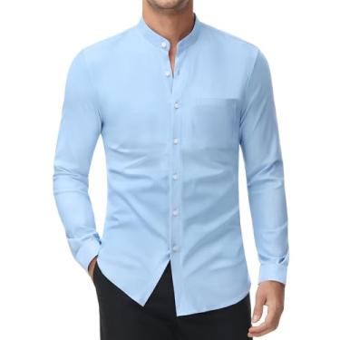 Imagem de DEMEANOR Camisas sociais masculinas elásticas gola banda casual camisa de botão camisa social manga longa para homens ajuste muscular, Azul bebê, P