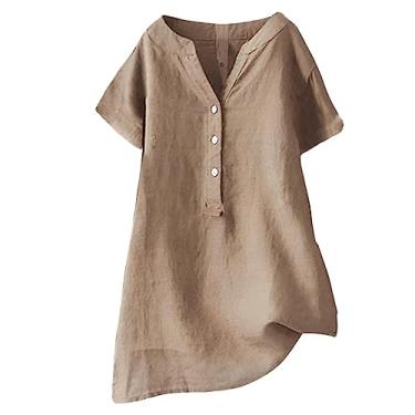 Imagem de Camisa feminina com botões de linho, básica, manga curta, tamanho grande, casual, solta, confortável, blusas casuais modernas, Caqui, XXG