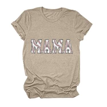 Imagem de Camiseta feminina com estampa Mama Baseball manga curta gola redonda camiseta de beisebol dia do jogo camiseta verão sair, Caqui, XXG